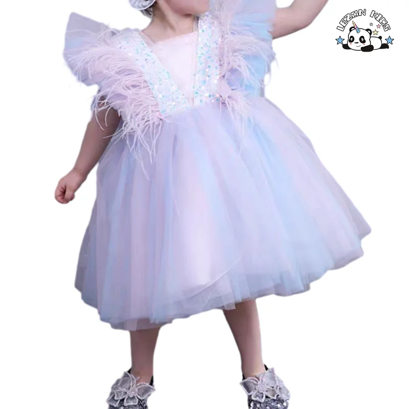 Novo Produto Explosão Colorido Fofo Casual Pena Verão Lantejoulas Tutu Vestidos para Meninas Crianças