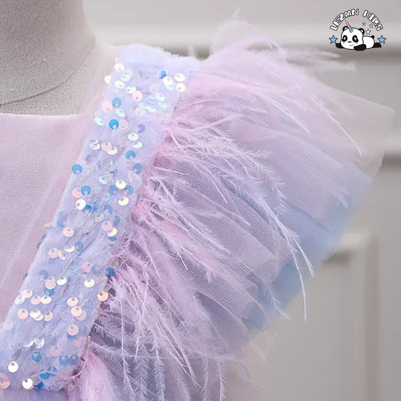 Novo Produto Explosão Colorido Fofo Casual Pena Verão Lantejoulas Tutu Vestidos para Meninas Crianças - Product Image