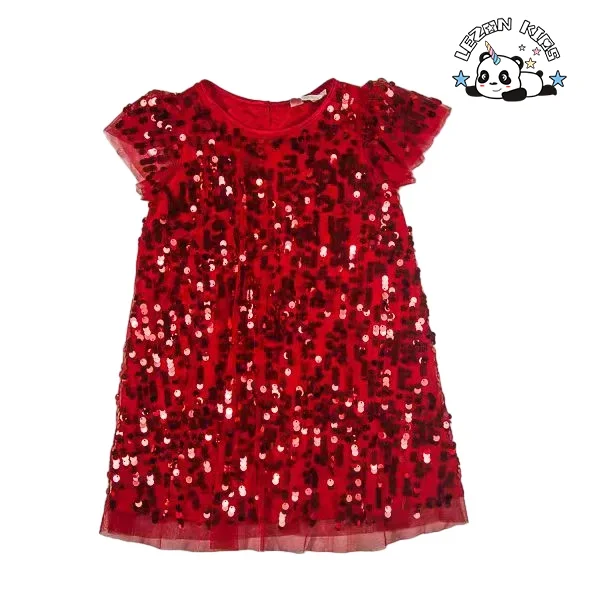 Nova Explosão de Produto Vestidos Vermelhos Puros de Manga Curta com Lantejoulas Brilhantes para Meninas