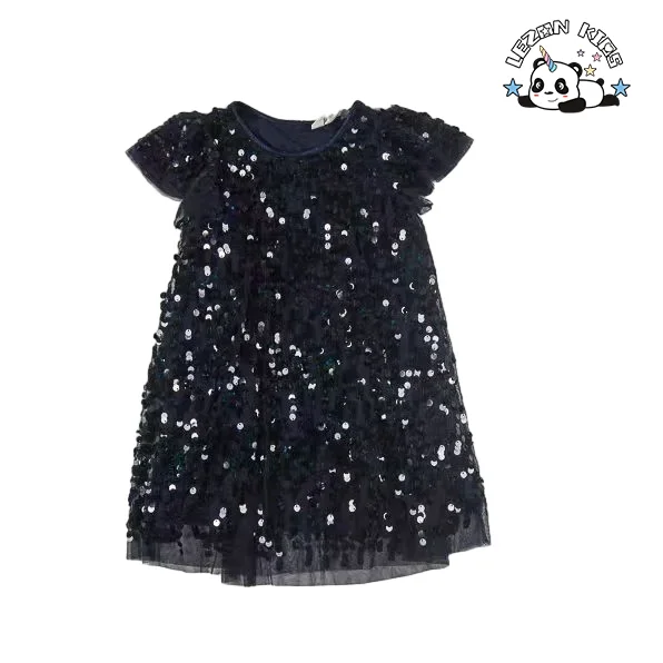 New Product Explosion all black sparkle custom short sleeve sequin party dress for girl - Product Image