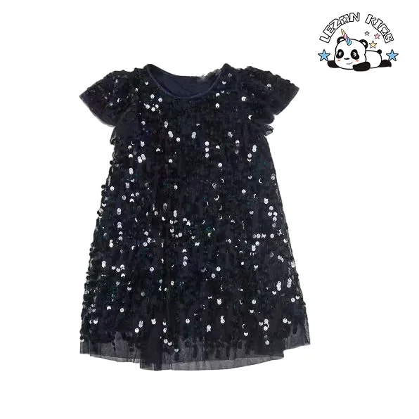 New Product Explosion all black sparkle custom short sleeve sequin party dress for girl - Product Image