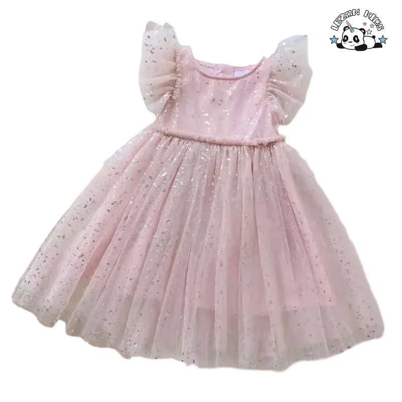 Novo Produto Vestidos curtos com mangas curtas e tule com estampa de bolinhas cinzas para meninas