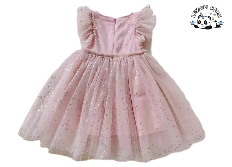 Novo Produto Vestidos curtos com mangas curtas e tule com estampa de bolinhas cinzas para meninas - Product Image