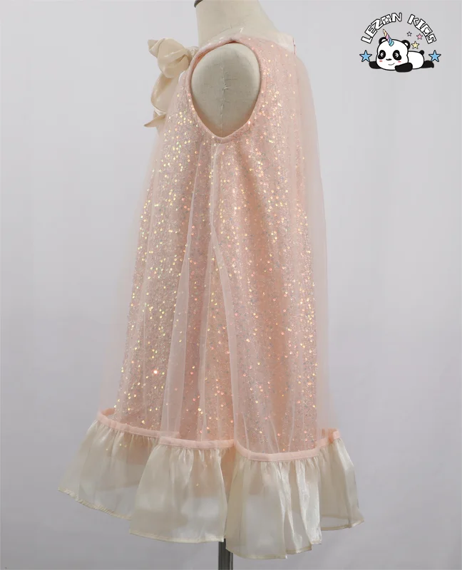 Novos Produtos Chegando Vestido de Sequim sem Manga com Laço e Tule Cor Champanhe para Meninas - Product Image