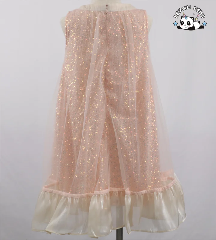 Novos Produtos Chegando Vestido de Sequim sem Manga com Laço e Tule Cor Champanhe para Meninas - Product Image