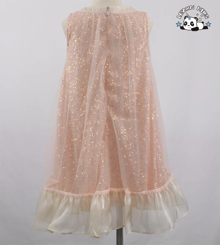 Novos Produtos Chegando Vestido de Sequim sem Manga com Laço e Tule Cor Champanhe para Meninas - Product Image