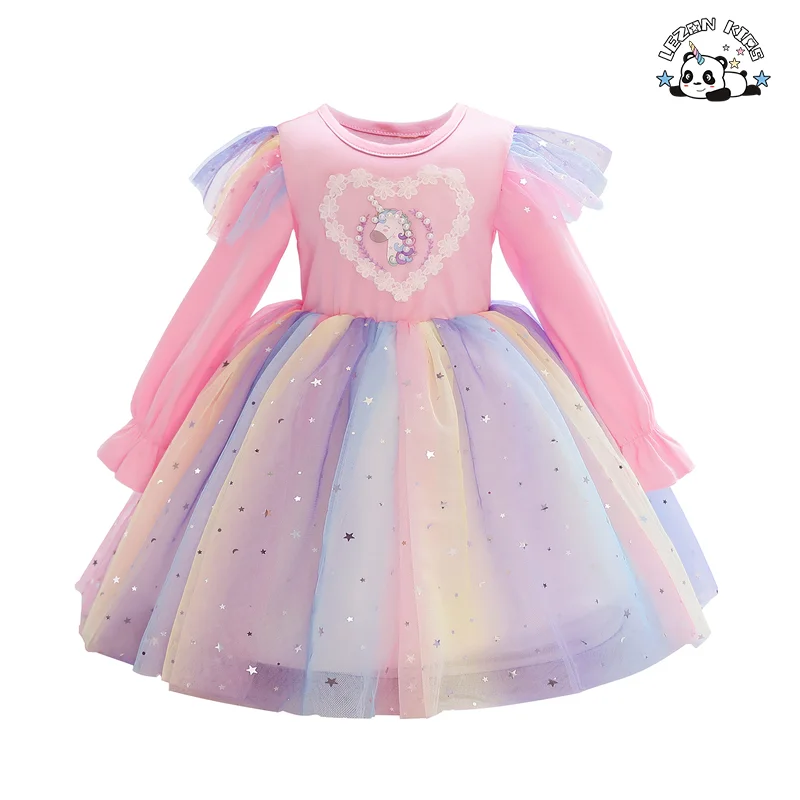 Novos Produtos Vestidos de Meninas com Mangas Longas e Estrelas Pastel para Festa de 2 a 14 Anos