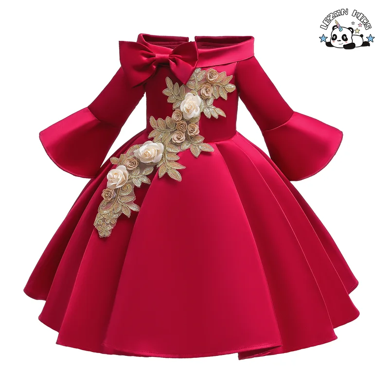 Novo Vestido Infantil de Seda com Ombro Descoberto e Manga Média - Saia de Criança Bordada - Product Image