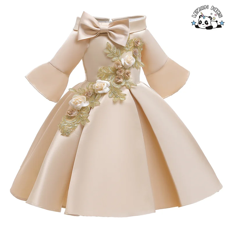 Novo Vestido Infantil de Seda com Ombro Descoberto e Manga Média - Saia de Criança Bordada - Product Image