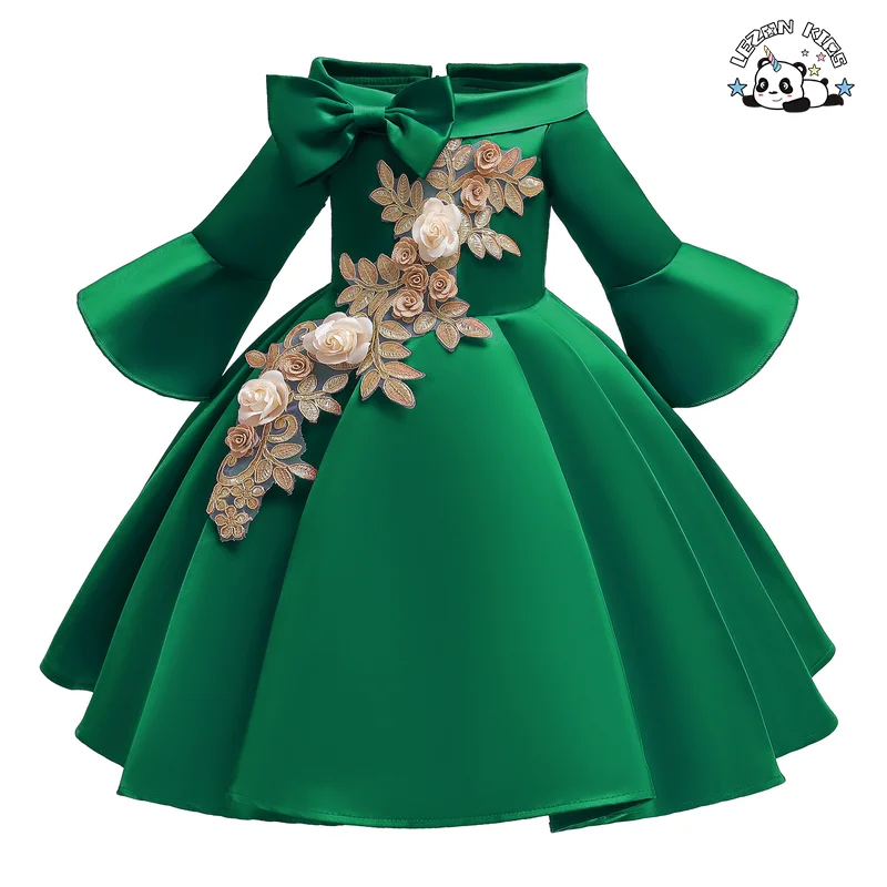 Novo Vestido Infantil de Seda com Ombro Descoberto e Manga Média - Saia de Criança Bordada - Product Image