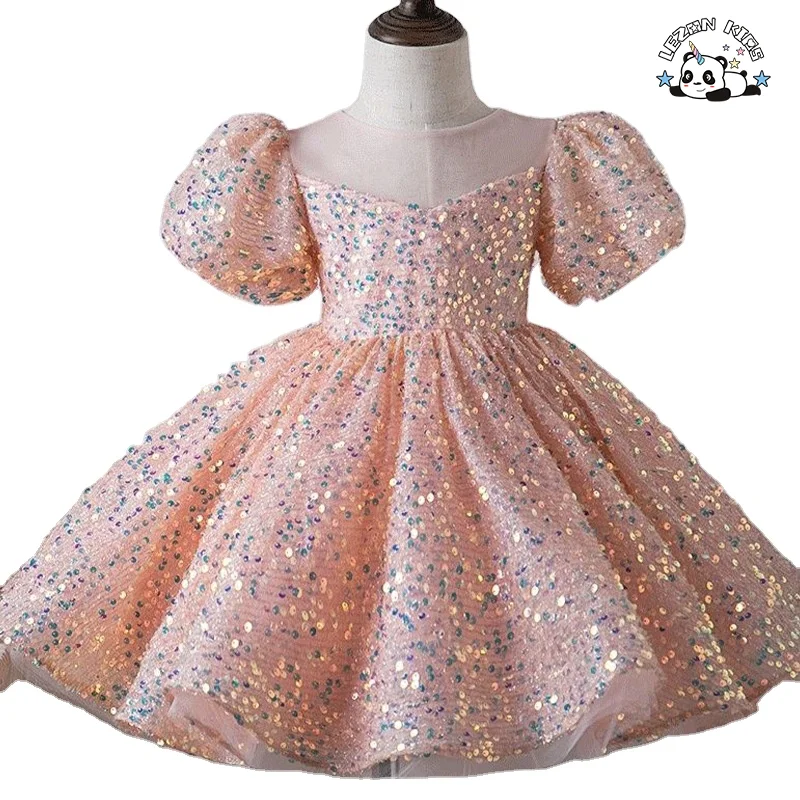 Novo Vestido de Princesa de Aniversário com Lantejoulas Primeiro Ano Vestido de Desempenho Menina Florista Casamento Manga Balão