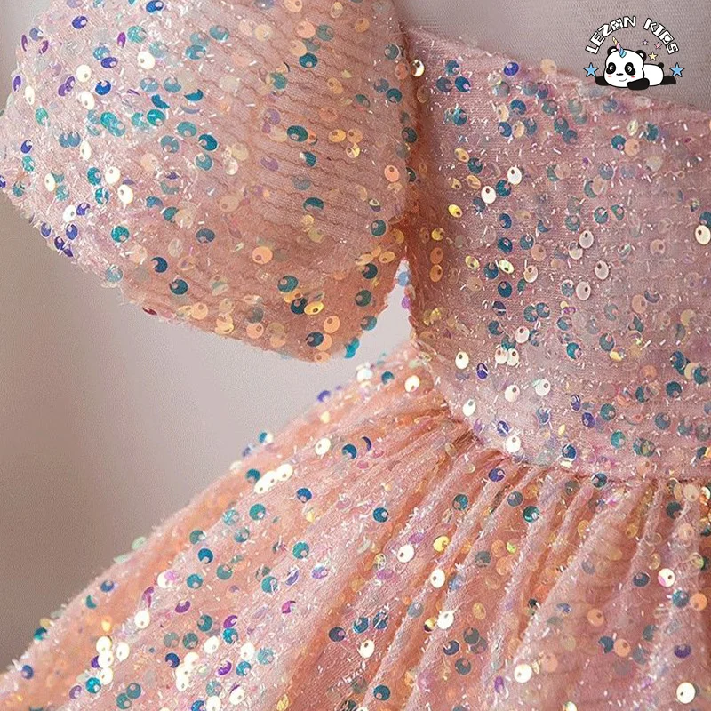 Novo Vestido de Princesa de Aniversário com Lantejoulas Primeiro Ano Vestido de Desempenho Menina Florista Casamento Manga Balão - Product Image