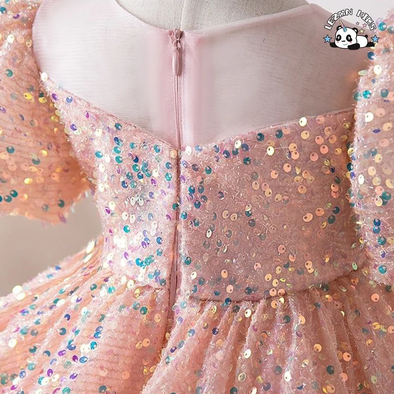 Novo Vestido de Princesa de Aniversário com Lantejoulas Primeiro Ano Vestido de Desempenho Menina Florista Casamento Manga Balão - Product Image
