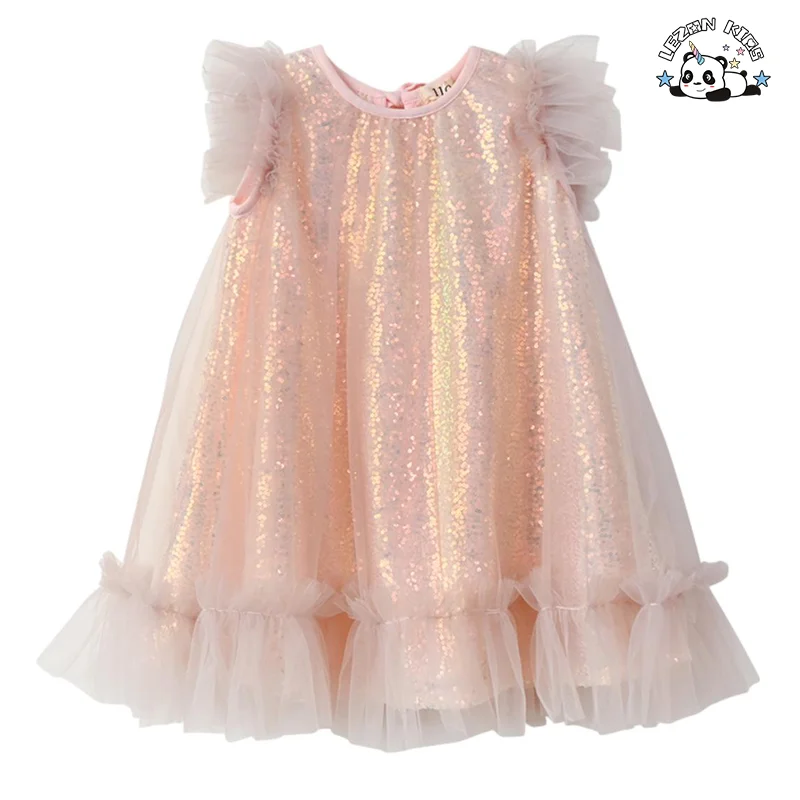New Shiny Pink Ruffle Sleeve A- Line Little Girls Sequin Tulle Dresses Casual for Summer
