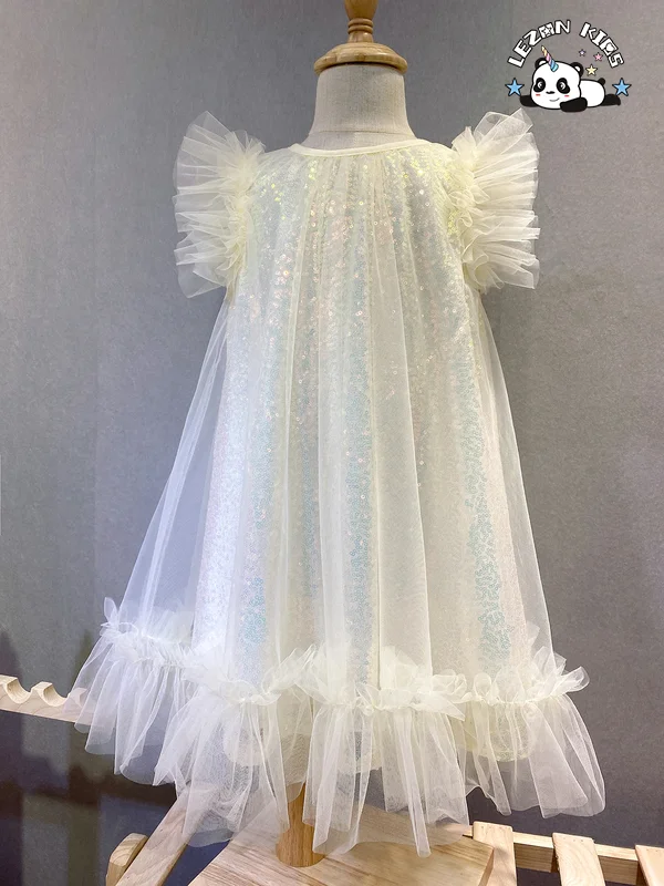 New Shiny Pink Ruffle Sleeve A- Line Little Girls Sequin Tulle Dresses Casual for Summer - Product Image