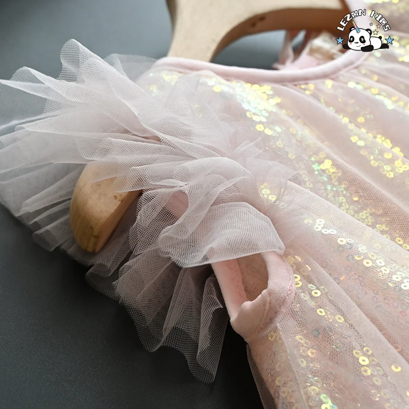 New Shiny Pink Ruffle Sleeve A- Line Little Girls Sequin Tulle Dresses Casual for Summer - Product Image