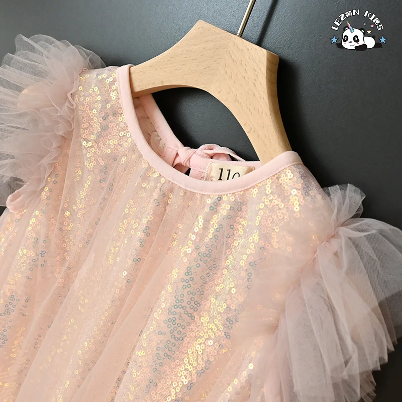 New Shiny Pink Ruffle Sleeve A- Line Little Girls Sequin Tulle Dresses Casual for Summer - Product Image