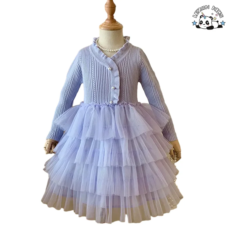New Spring Autumn Knitted Cake Dress Red French Long Sleeve Casual Korean Style Girls Dress with Custom Logo ODM Supply - Product Image