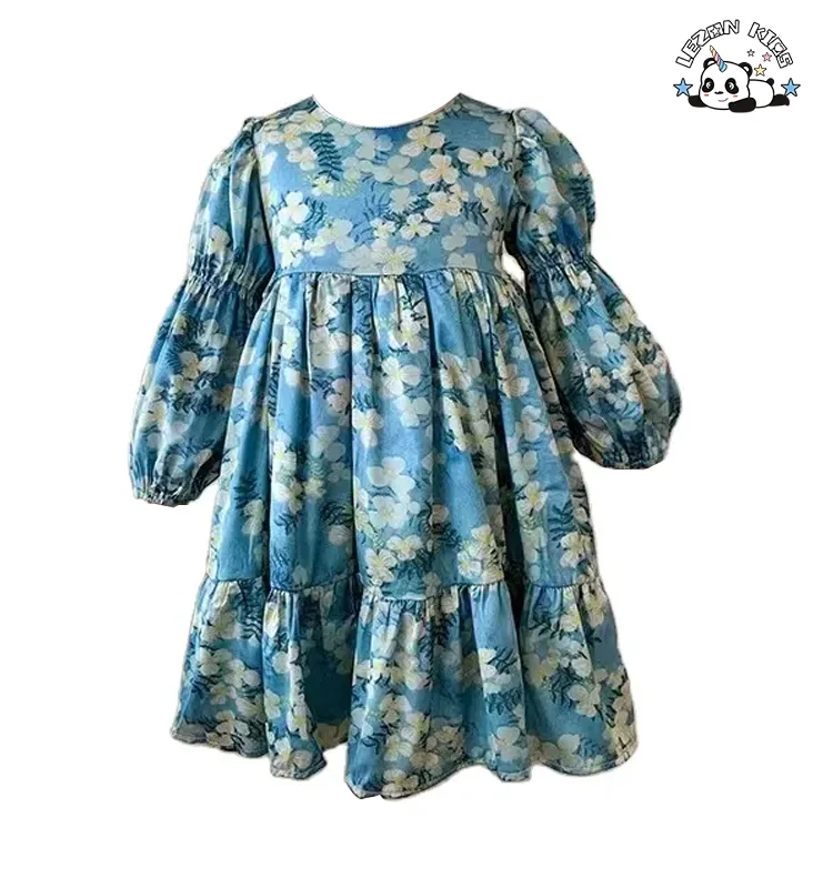 New Spring Girls' Dress Floral Lovely Puff Sleeve Sweet Bow Princess Flower Little Girls Dress