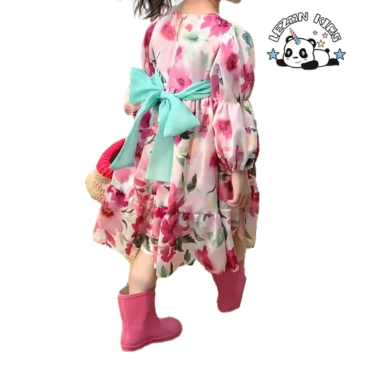New Spring Girls' Dress Floral Lovely Puff Sleeve Sweet Bow Princess Flower Little Girls Dress - Product Image