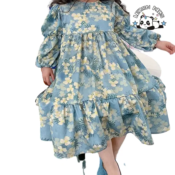 New Spring Girls' Dress Floral Lovely Puff Sleeve Sweet Bow Princess Flower Little Girls Dress - Product Image