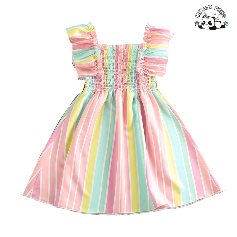 Novo Vestido de Princesa de Listras de Arco-Íris com Alças de Renda para Meninas no Verão Vestido Casual de Meninas