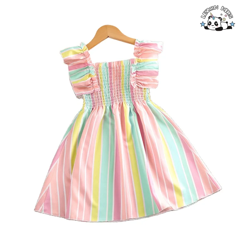 New Summer Children's Wear Lace Strap Rainbow Stripe Princess Dress Burst Girls Casual Dress - Product Image