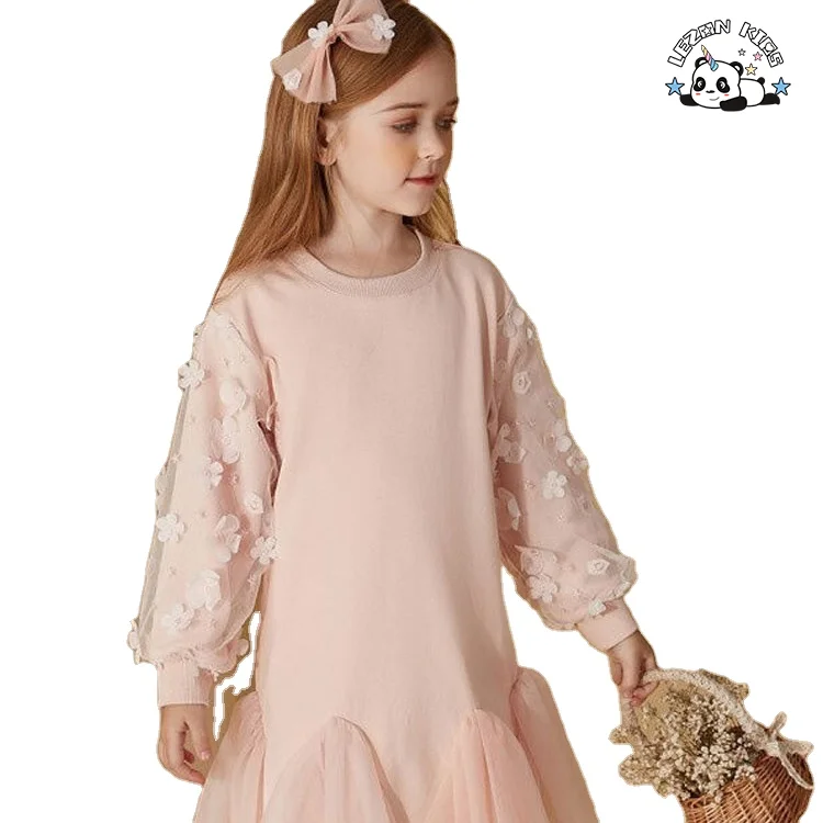 Novos vestidos longos de algodão com mangas compridas e tule com aplicação de flores para meninas