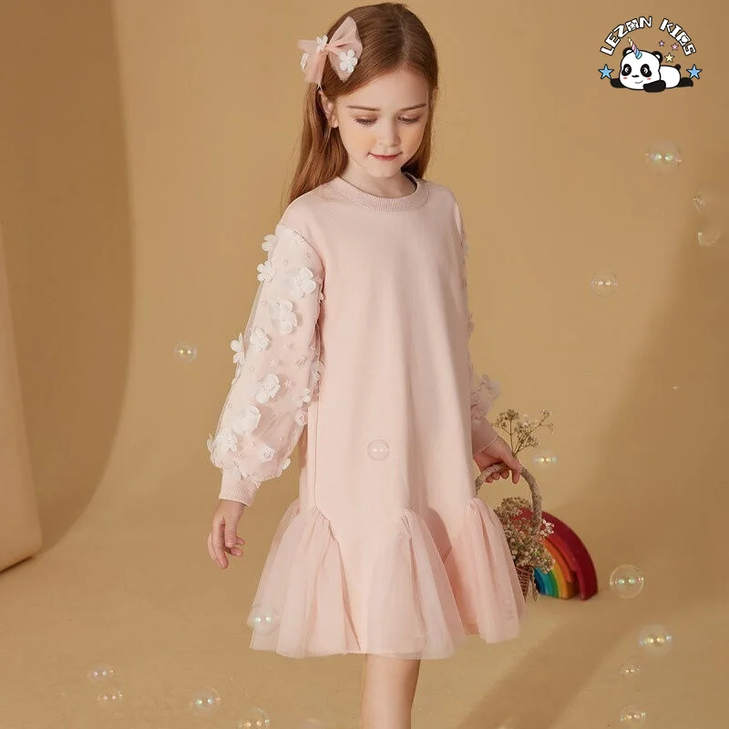 Novos vestidos longos de algodão com mangas compridas e tule com aplicação de flores para meninas - Product Image