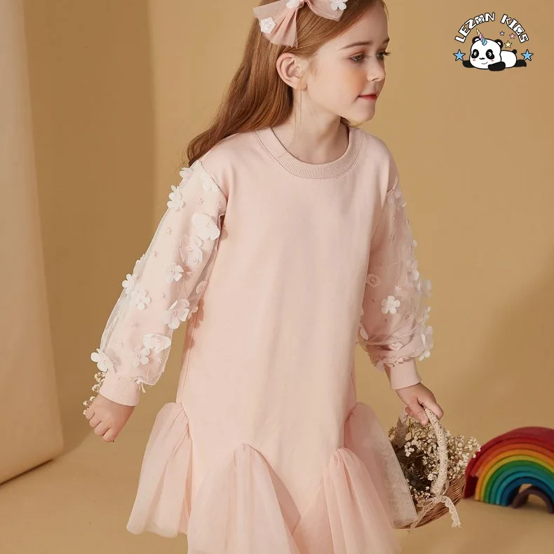 Novos vestidos longos de algodão com mangas compridas e tule com aplicação de flores para meninas - Product Image