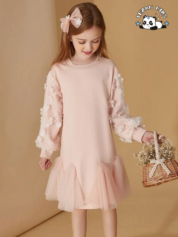 Novos vestidos longos de algodão com mangas compridas e tule com aplicação de flores para meninas - Product Image