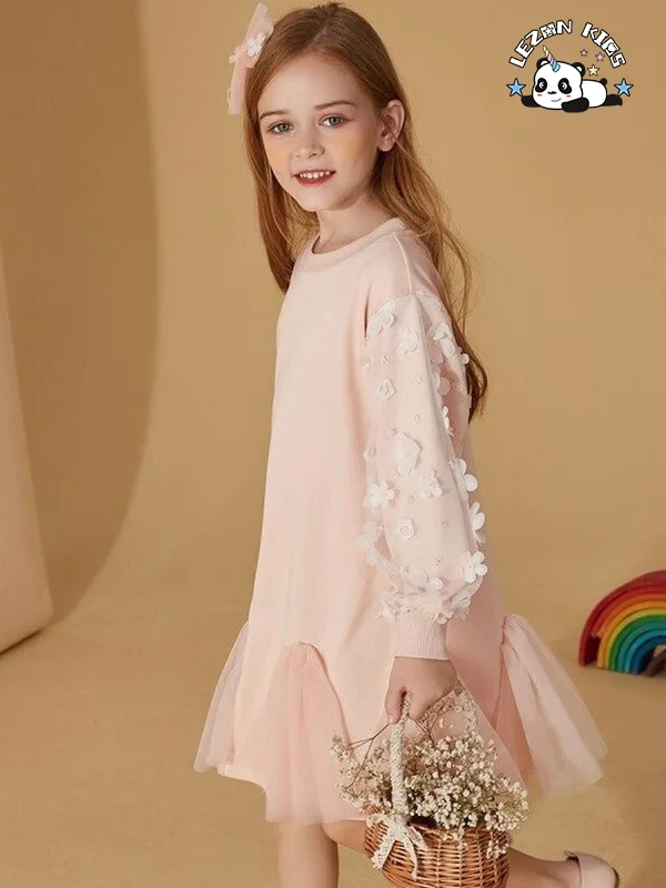 Novos vestidos longos de algodão com mangas compridas e tule com aplicação de flores para meninas - Product Image