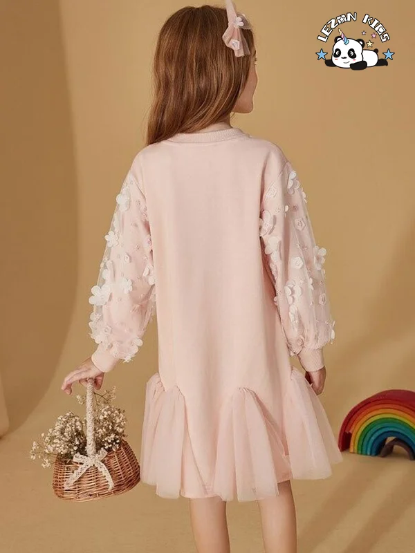 Novos vestidos longos de algodão com mangas compridas e tule com aplicação de flores para meninas - Product Image