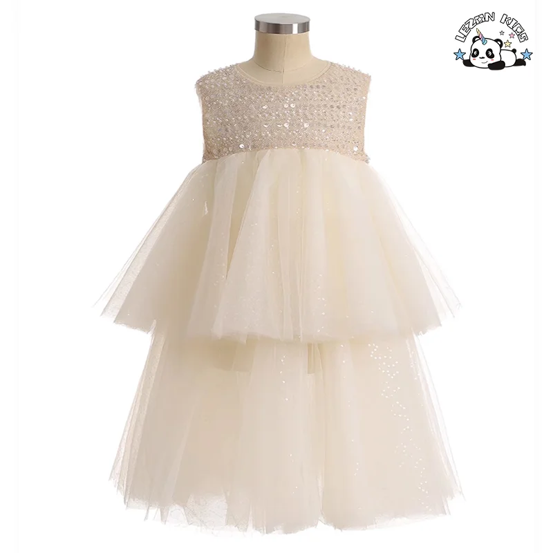 Novo em 2024 Crianças sem mangas Camada Tule Vestido Renda Tecido Festa Tutu Vestido para 2-8T