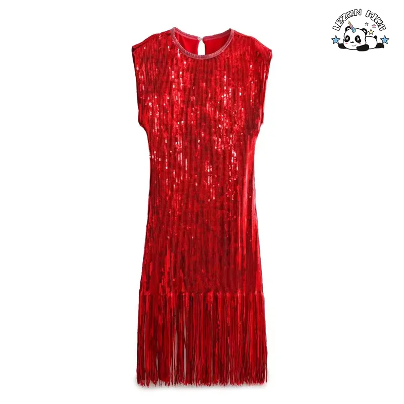Novo em 2024 Vestido Infantil Sem Mangas para o Verão com Lantejoulas e Franjas para Meninas - Product Image