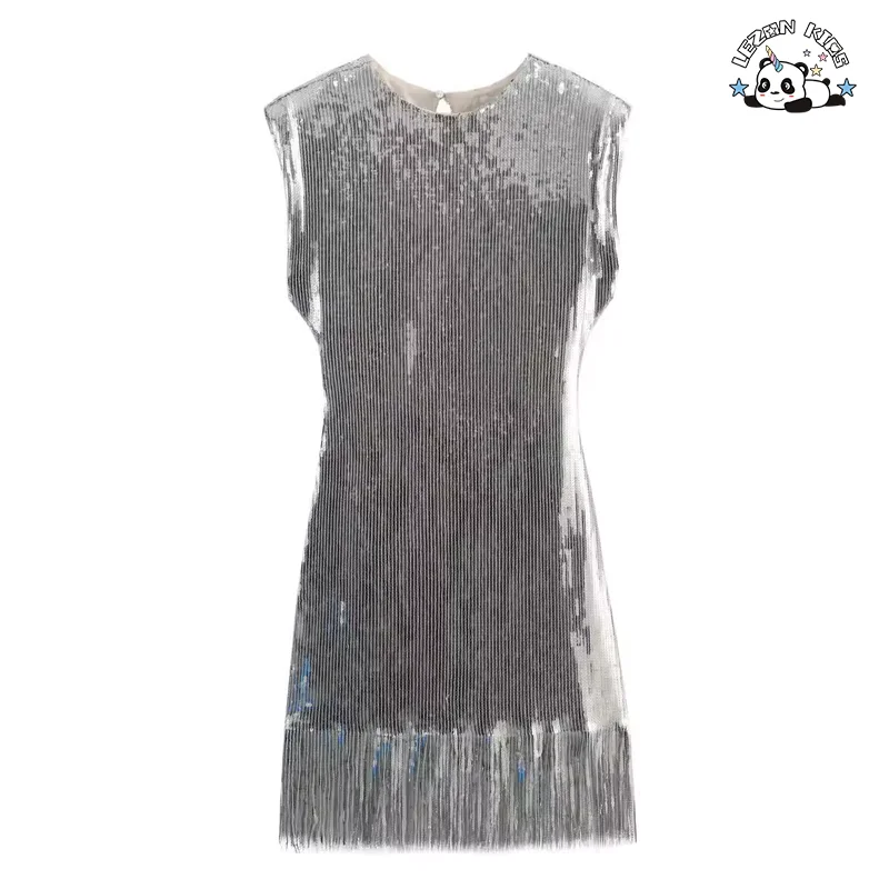 Novo em 2024 Vestido Infantil Sem Mangas para o Verão com Lantejoulas e Franjas para Meninas - Product Image