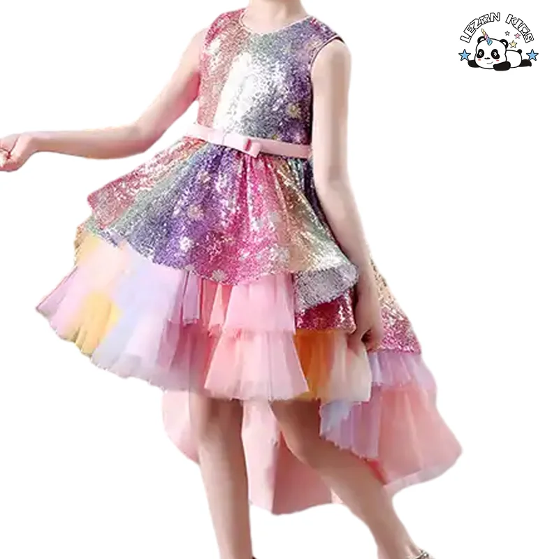 Newest Spring Pink Ruffle Tulle Girls Jumpsuits Princess Sequin Dresses for Kids Girls - Product Image