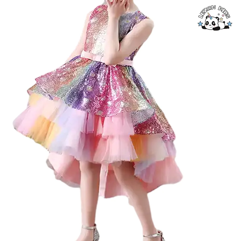 Newest Spring Pink Ruffle Tulle Girls Jumpsuits Princess Sequin Dresses for Kids Girls - Product Image