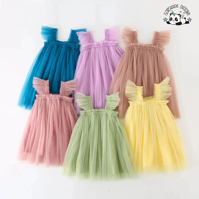 ODM Custom Tulle Princess Dress Baby Girls Solid Pattern Ruffle Decoration Summer Woolen Fabric Dress - Product Image