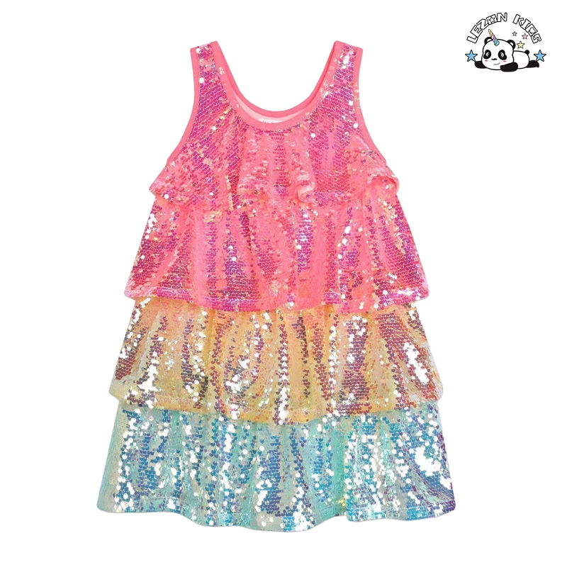 Vestido de lantejoulas de manga curta personalizável ODM para meninas, elegante e redondo, cores personalizadas, tecido de algodão, vestido de menina para festa de aniversário