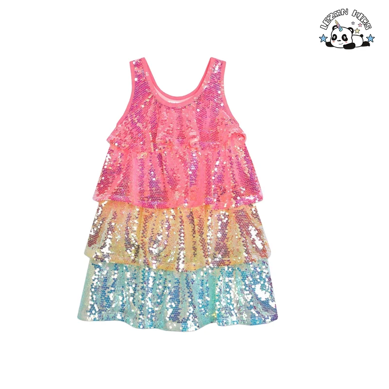 Vestido de lantejoulas de manga curta personalizável ODM para meninas, elegante e redondo, cores personalizadas, tecido de algodão, vestido de menina para festa de aniversário - Product Image