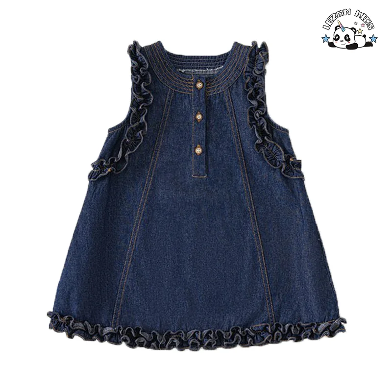 ODM Customizable Girls Casual Denim Dress Ruffle Sleeves Solid Washed Knee-Length Party Style for Toddlers Summer