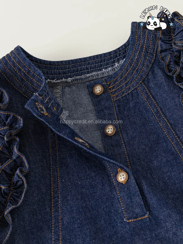 ODM Customizable Girls Casual Denim Dress Ruffle Sleeves Solid Washed Knee-Length Party Style for Toddlers Summer - Product Image