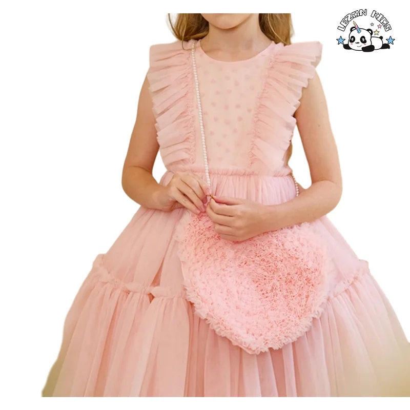 Vestido de tule rosa personalizado com logotipo da ODM para meninas, sem mangas, com babados em camadas para festa formal