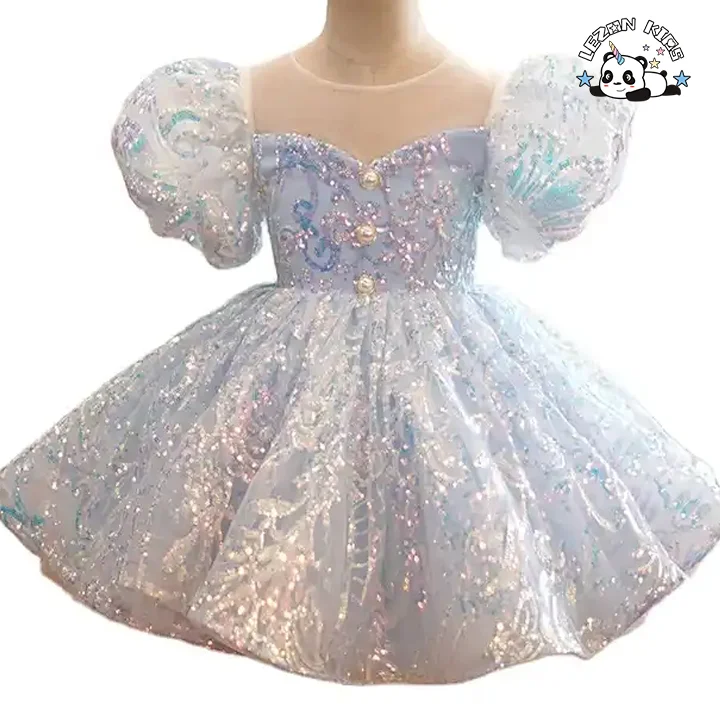 OEM Customizable Blue Sequined Girls Dress Puff Sleeves Tutu Skirt Birthday Party Children Clothing for 2-14 Years