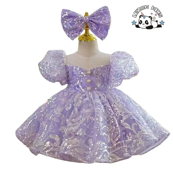 OEM Customizable Blue Sequined Girls Dress Puff Sleeves Tutu Skirt Birthday Party Children Clothing for 2-14 Years - Product Image
