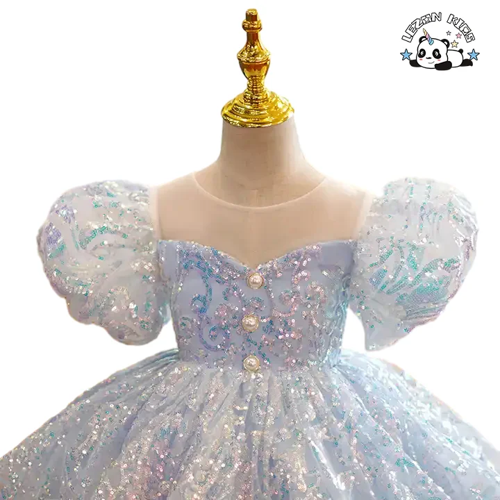 OEM Customizable Blue Sequined Girls Dress Puff Sleeves Tutu Skirt Birthday Party Children Clothing for 2-14 Years - Product Image