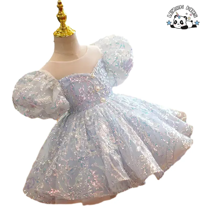 OEM Customizable Blue Sequined Girls Dress Puff Sleeves Tutu Skirt Birthday Party Children Clothing for 2-14 Years - Product Image