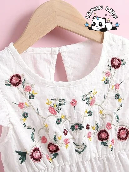 Vestido OEM Personalizável com Bordado Floral e Manga com Babado para Meninas - Product Image