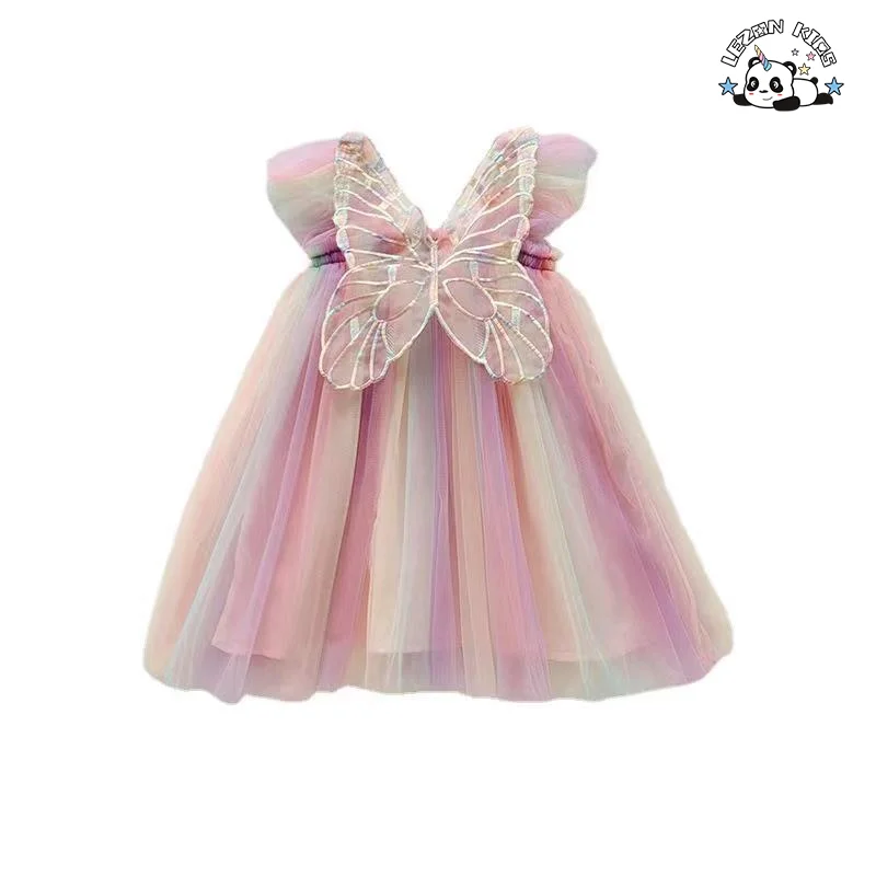 OEM Customizable High Quality rainbow Color Sweet Spaghetti Strap Tulle Kids Dresses for Girls